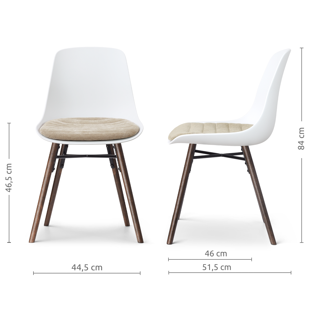 afmetingen van de Nena-Liv eetkamerstoel wit met nougatbruin zitkussen - walnoot houten onderstel