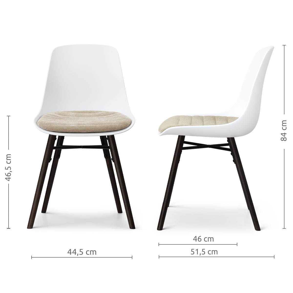 afmetingen van de Nena-Liv eetkamerstoel wit met nougatbruin zitkussen - zwart houten onderstel