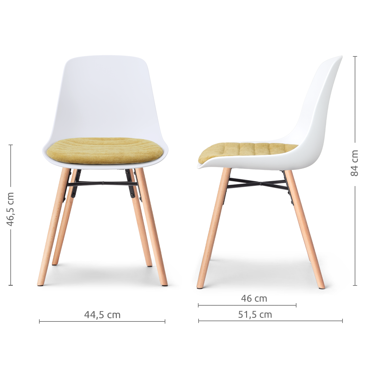 maatvoering van de Nena-Liv eetkamerstoel wit met warm oker zitkussen - houten onderstel