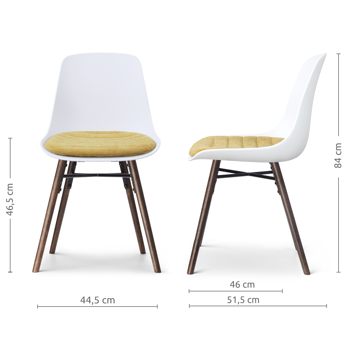 maatvoering van de Nena-Liv eetkamerstoel wit met warm oker zitkussen - walnoot houten onderstel