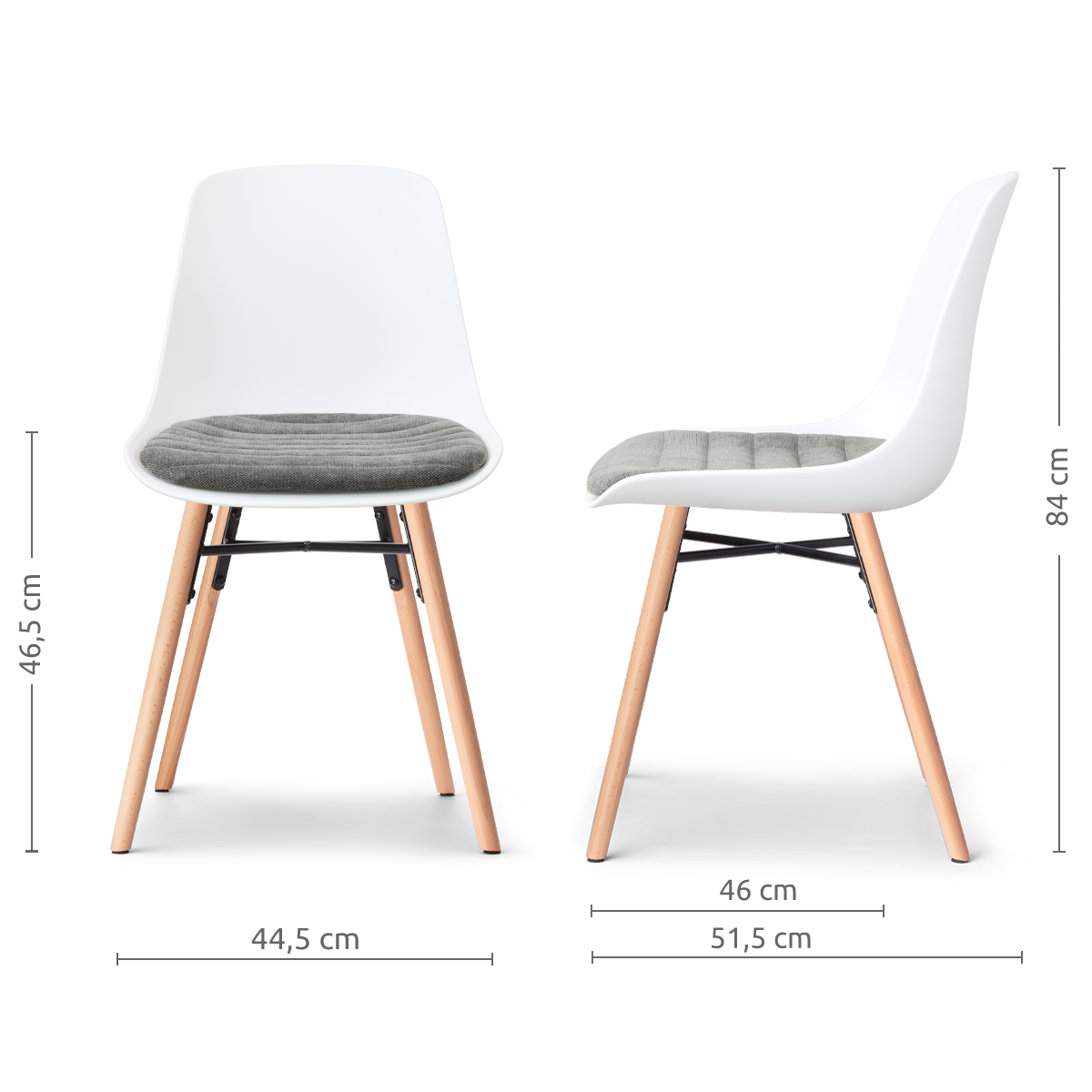 afmetingen van de Nena-Liv eetkamerstoel wit met zeegrijs zitkussen - houten onderstel
