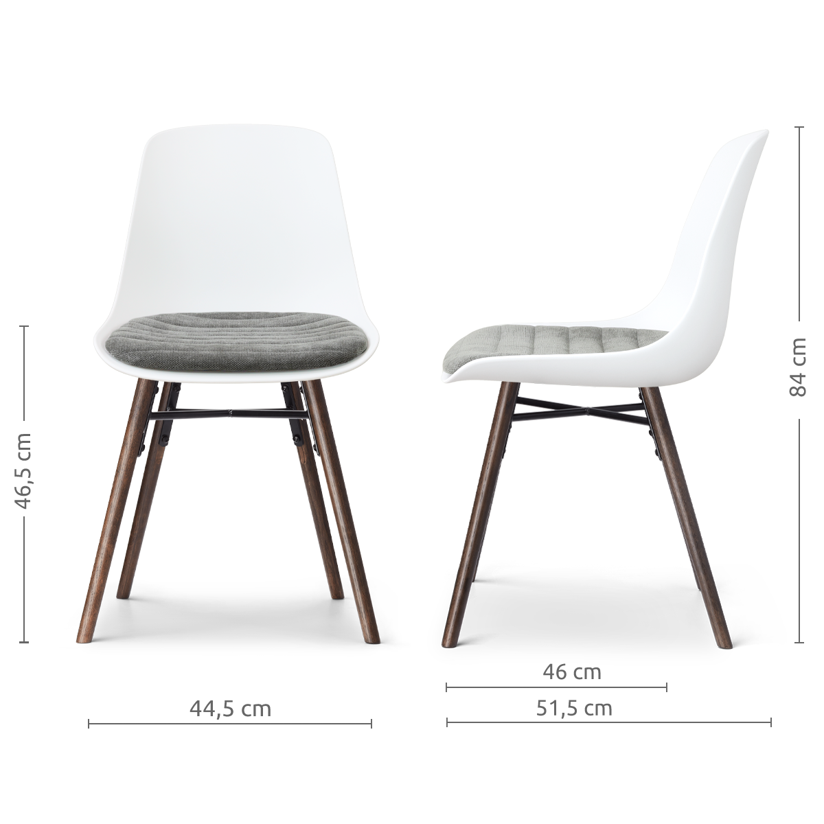 afmetingen van de Nena-Liv eetkamerstoel wit met zeegrijs zitkussen - walnoot houten onderstel