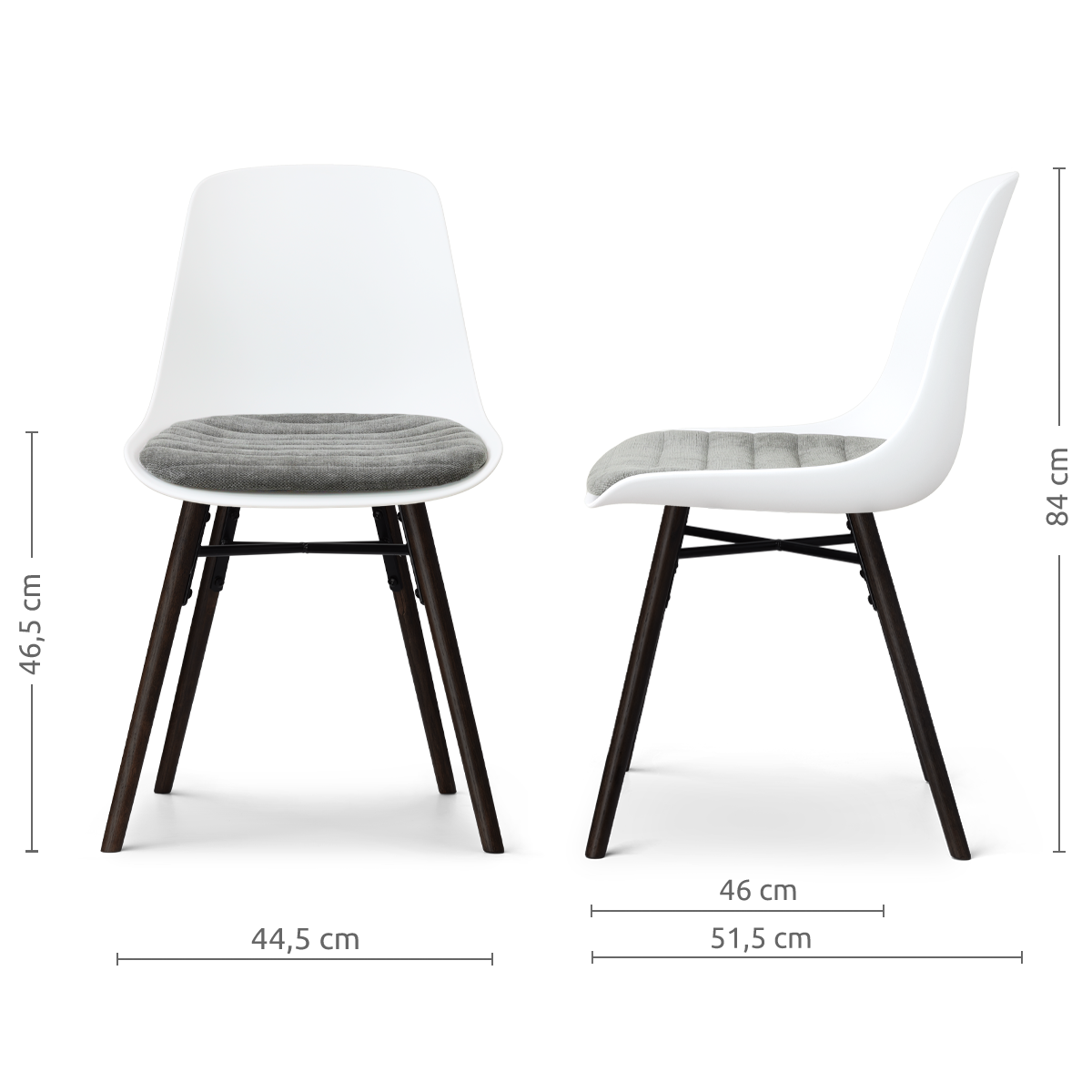 afmetingen van de Nena-Liv eetkamerstoel wit met zeegrijs zitkussen - zwart houten onderstel