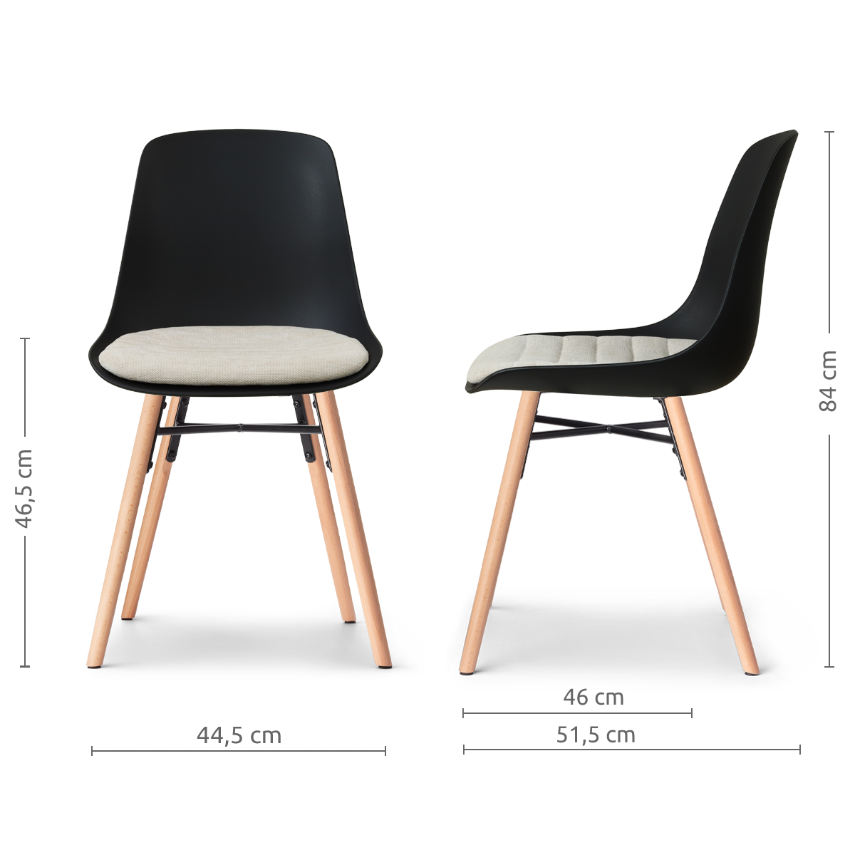 afmetingen van de Nena-Liv eetkamerstoel zwart met naturelbeige zitkussen - houten onderstel
