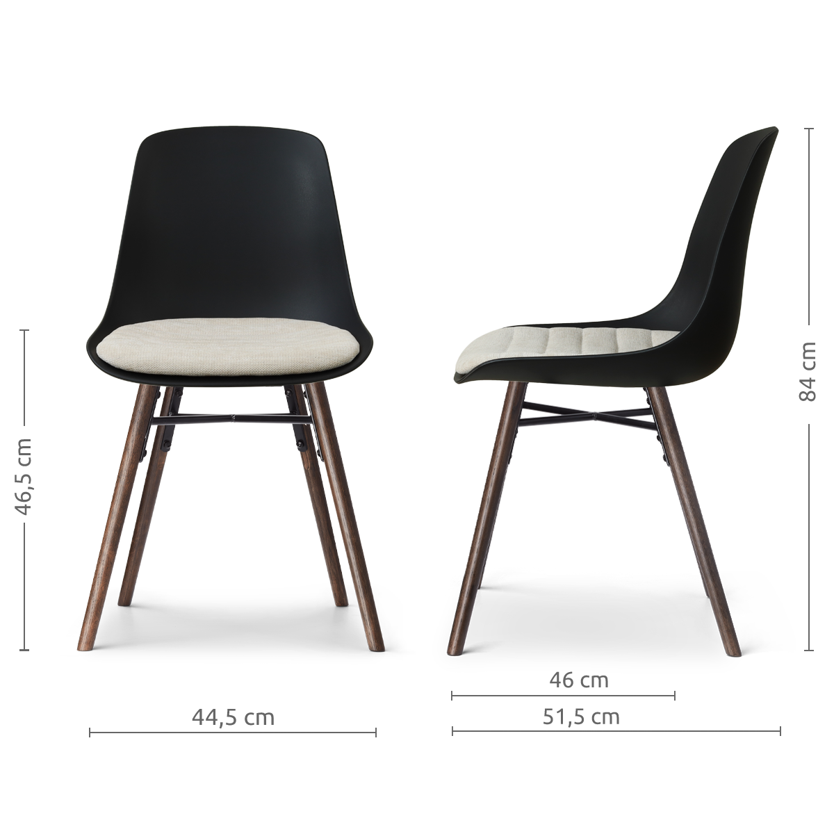 afmetingen van de Nena-Liv eetkamerstoel zwart met naturelbeige zitkussen - walnoot houten onderstel