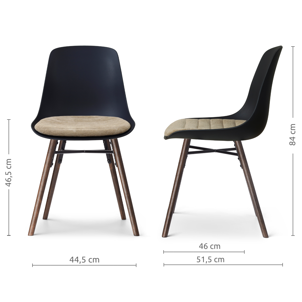 afmetingen van de Nena-Liv eetkamerstoel zwart met nougatbruin zitkussen - walnoot houten onderstel