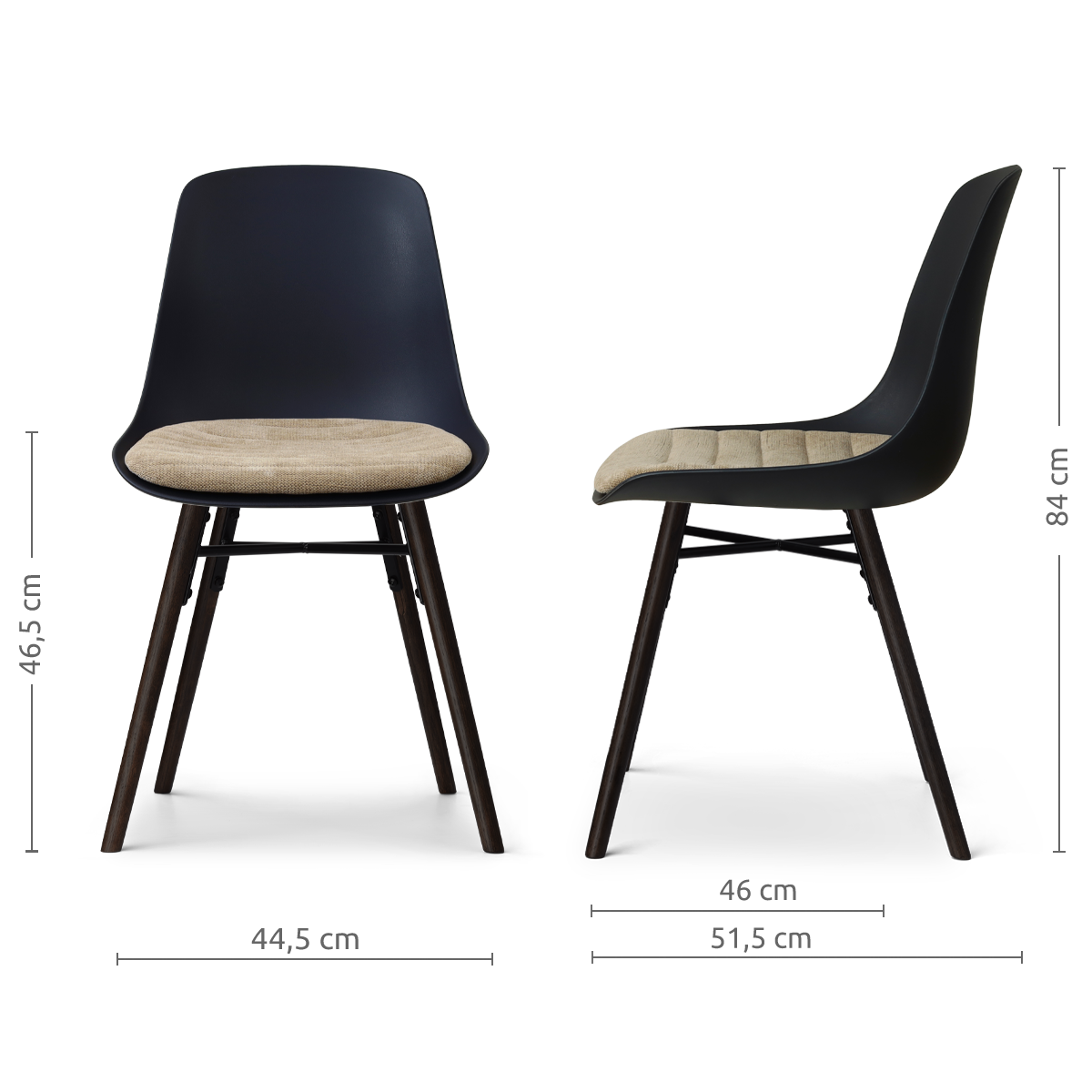 afmetingen van de Nena-Liv eetkamerstoel zwart met nougatbruin zitkussen - zwart houten onderstel