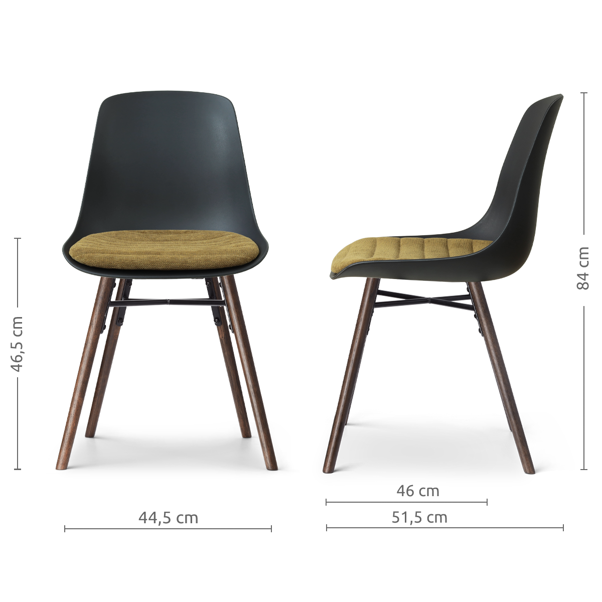 afmetingen van de Nena-Liv eetkamerstoel zwart met mosgroen zitkussen - walnoot houten onderstel
