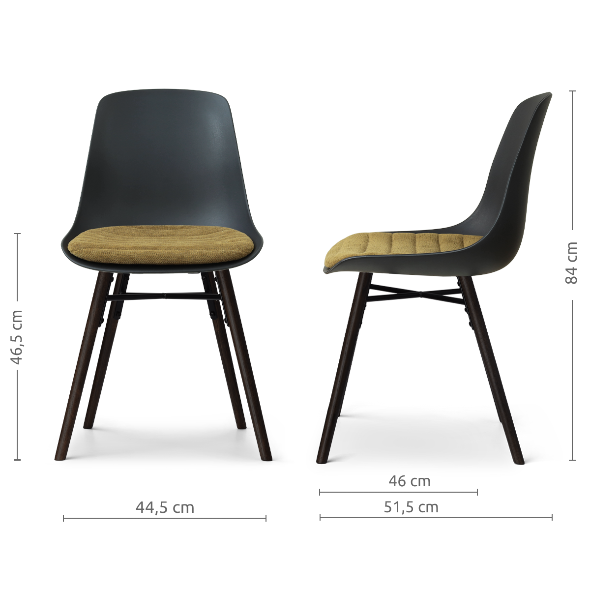 afmetingen van de Nena-Liv eetkamerstoel zwart met mosgroen zitkussen - zwart houten onderstel