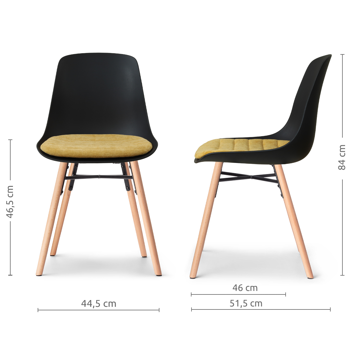 maatvoering van de Nena-Liv eetkamerstoel zwart met warm oker zitkussen - houten onderstel