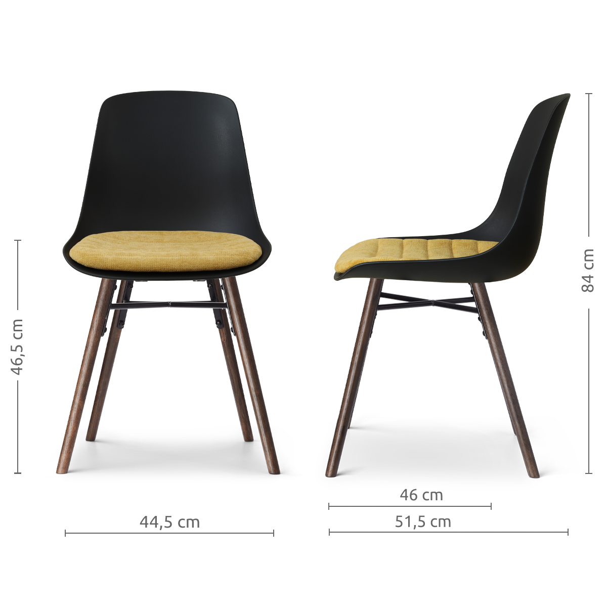 maatvoering van de Nena-Liv eetkamerstoel zwart met warm oker zitkussen - walnoot houten onderstel