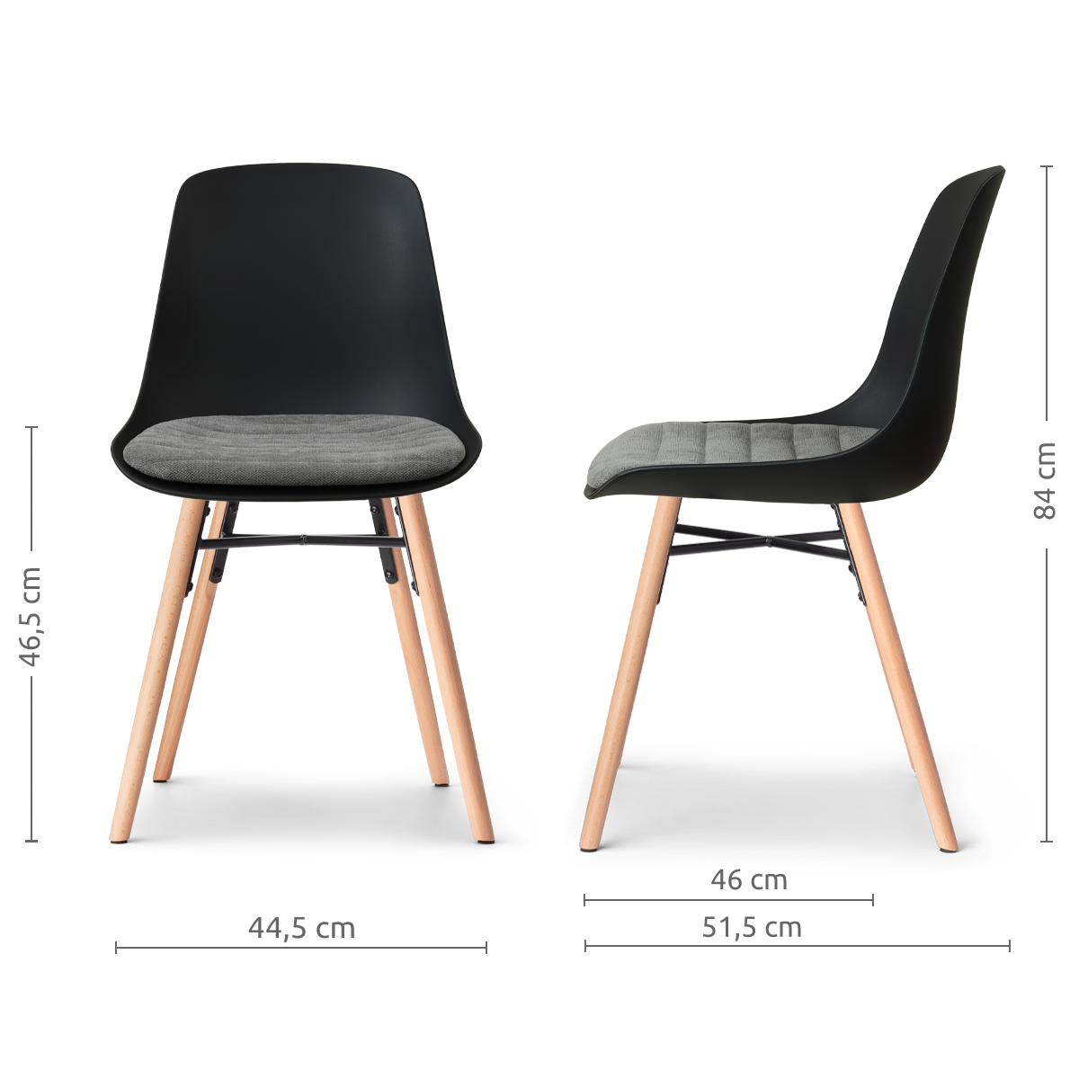 afmetingen van de Nena-Liv eetkamerstoel zwart met zeegrijs zitkussen - houten onderstel