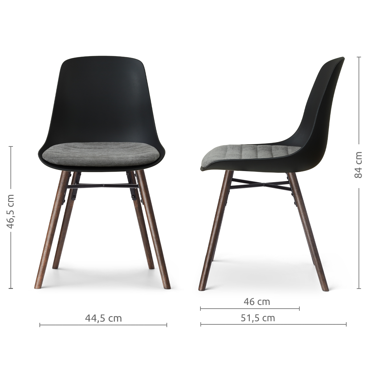 afmetingen van de Nena-Liv eetkamerstoel zwart met zeegrijs zitkussen - walnoot houten onderstel