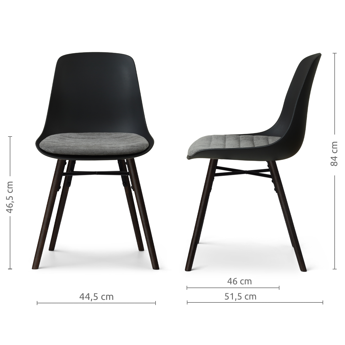 afmetingen van de Nena-Liv eetkamerstoel zwart met zeegrijs zitkussen - zwart houten onderstel