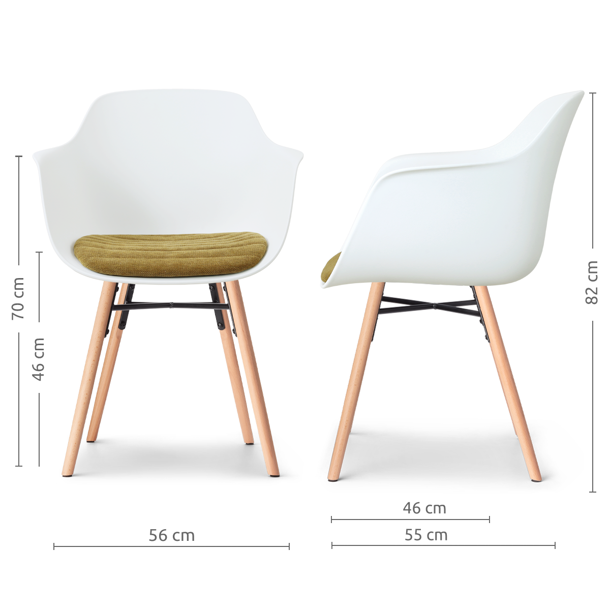 afmetingen van de Nena-Liz eetkamerstoel wit met mosgroen zitkussen - houten onderstel
