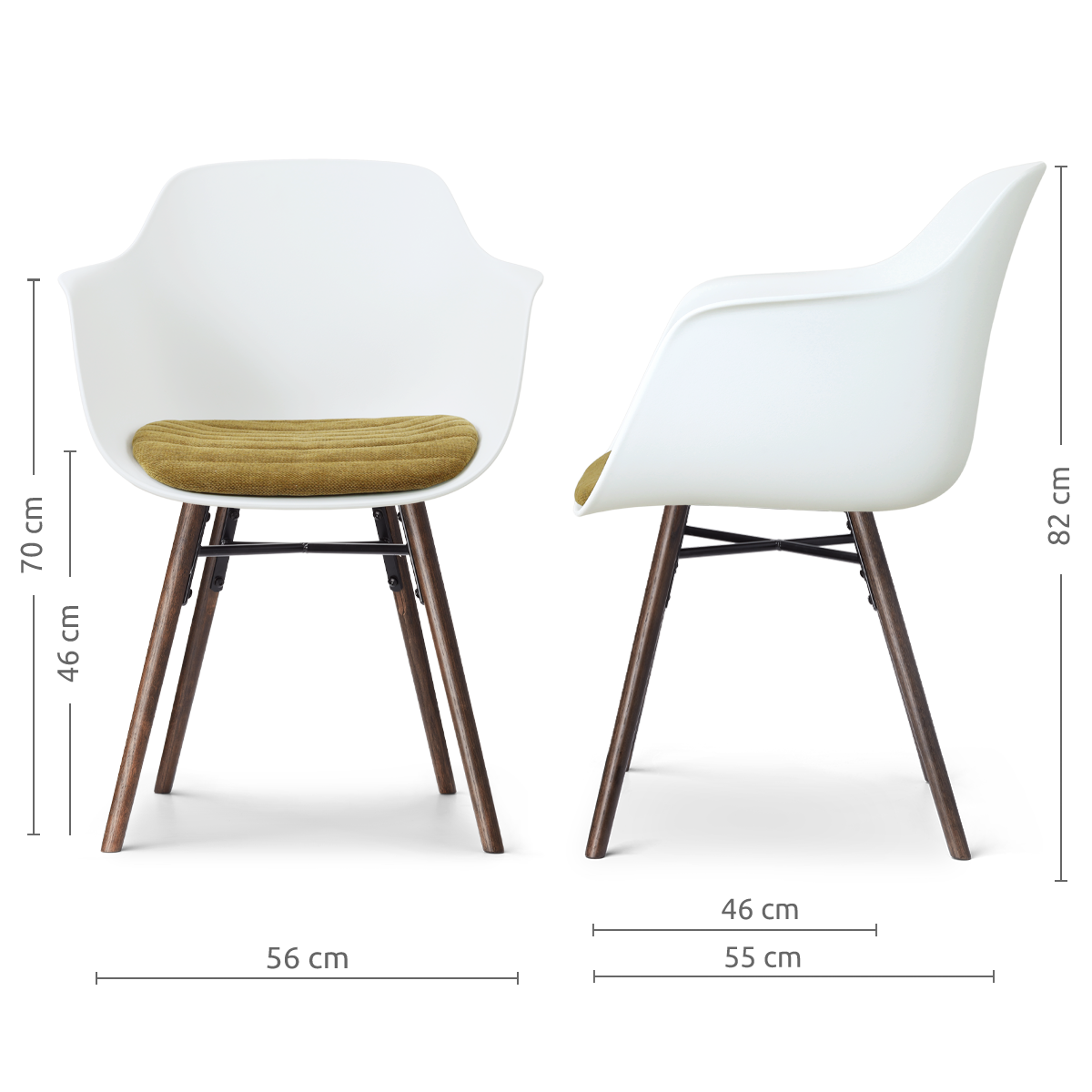 afmetingen van de Nena-Liz eetkamerstoel wit met mosgroen zitkussen - walnoot houten onderstel