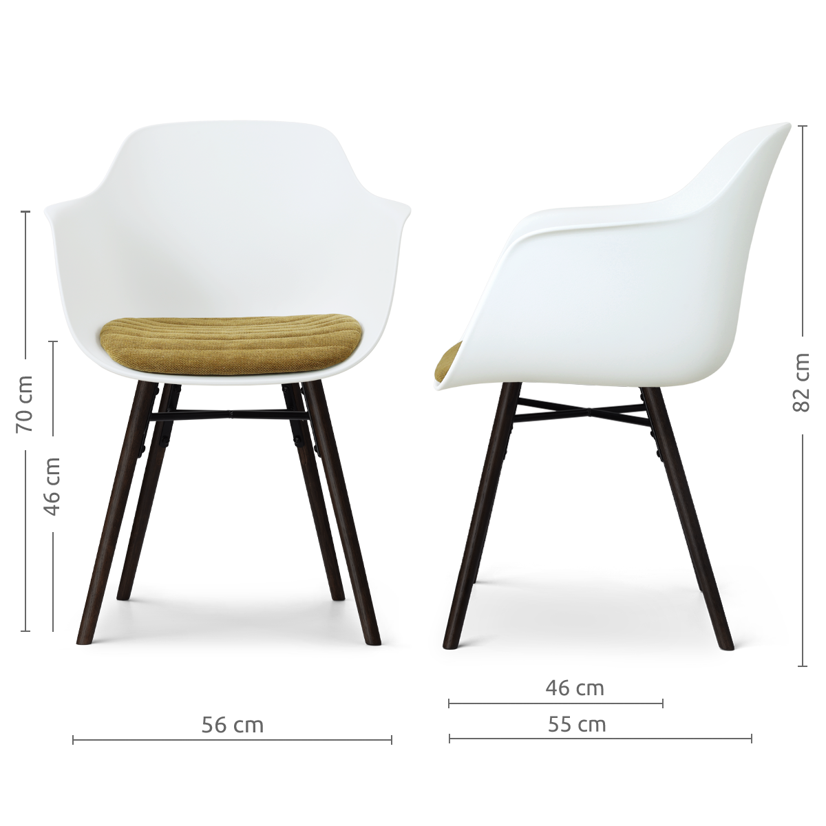 afmetingen van de Nena-Liz eetkamerstoel wit met mosgroen zitkussen - zwart houten onderstel