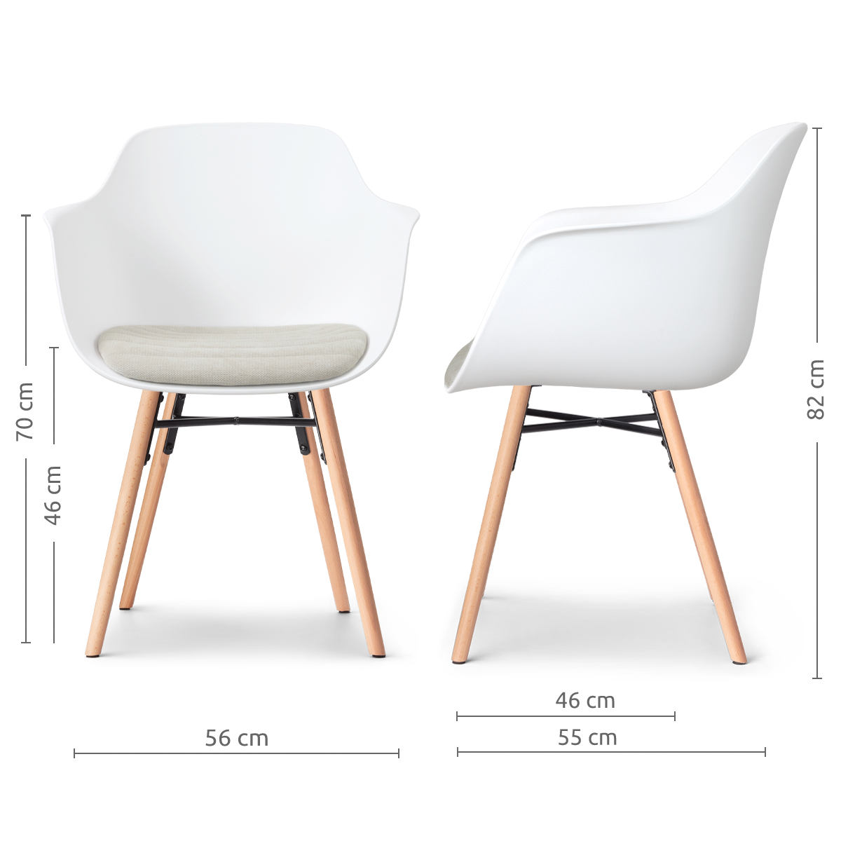 afmetingen van de Nena-Liz eetkamerstoel wit met naturelbeige zitkussen - houten onderstel