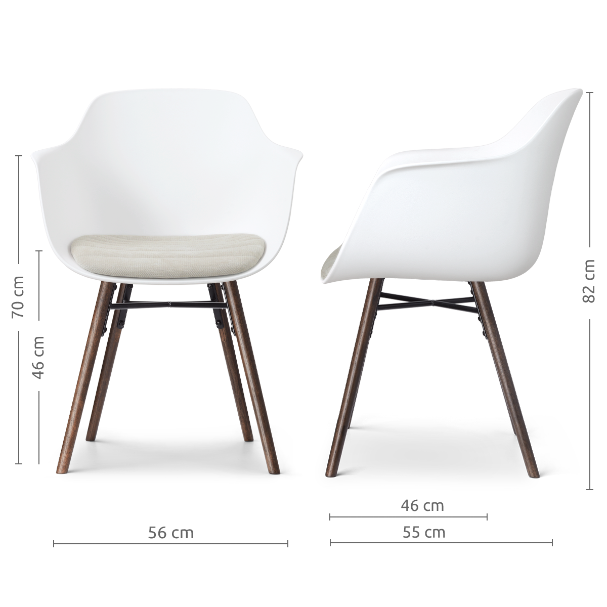 afmetingen van de Nena-Liz eetkamerstoel wit met naturelbeige zitkussen - walnoot houten onderstel