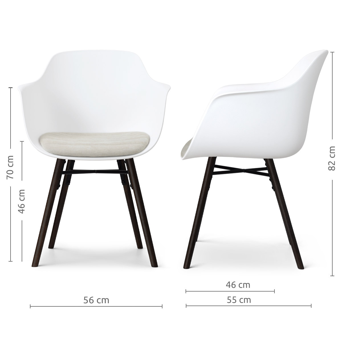 afmetingen van de Nena-Liz eetkamerstoel wit met naturelbeige zitkussen - zwart houten onderstel