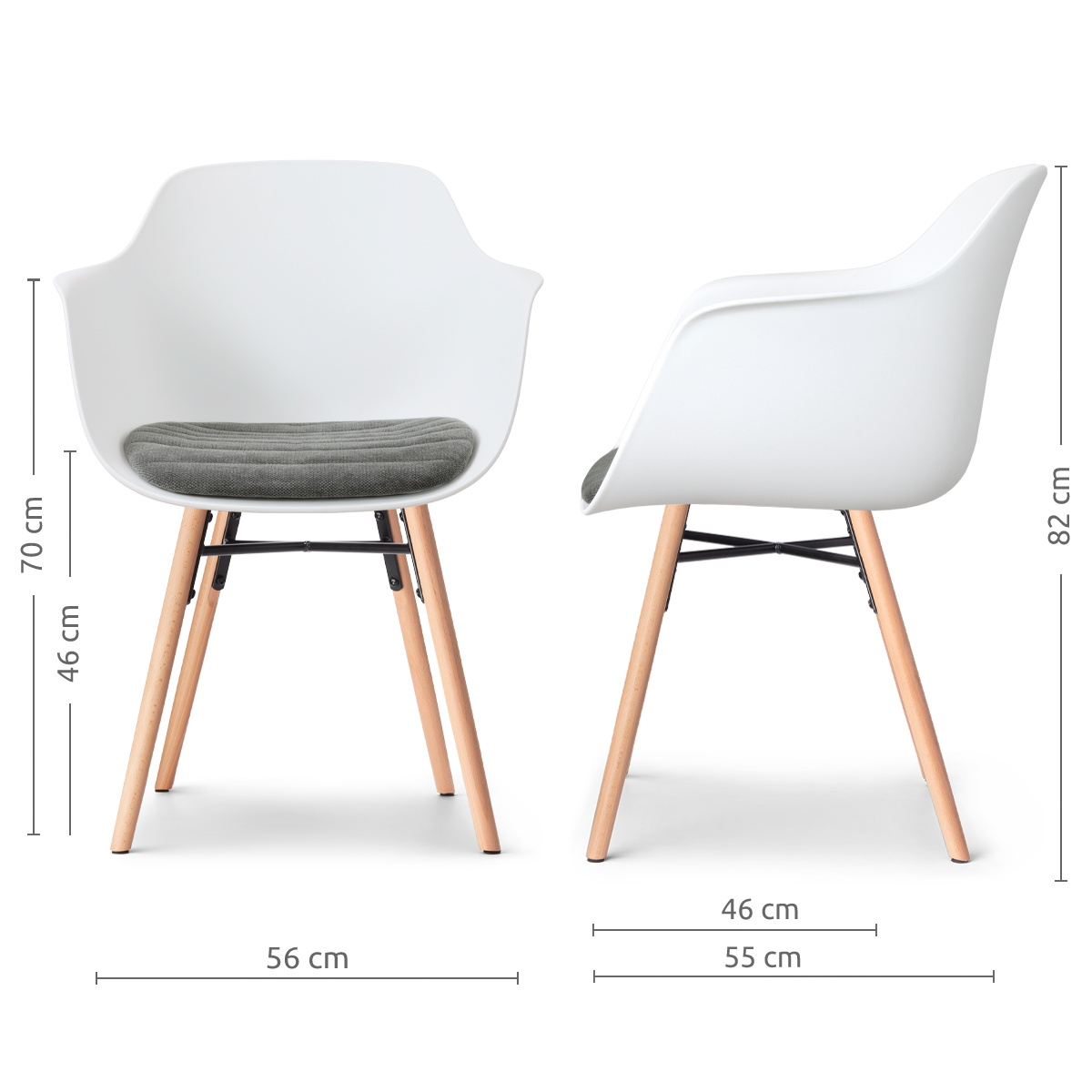 afmetingen van de Nena-Liz eetkamerstoel wit met zeegrijs zitkussen - houten onderstel