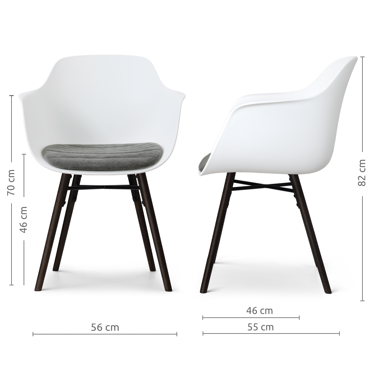 afmetingen van de Nena-Liz eetkamerstoel wit met zeegrijs zitkussen - zwart houten onderstel