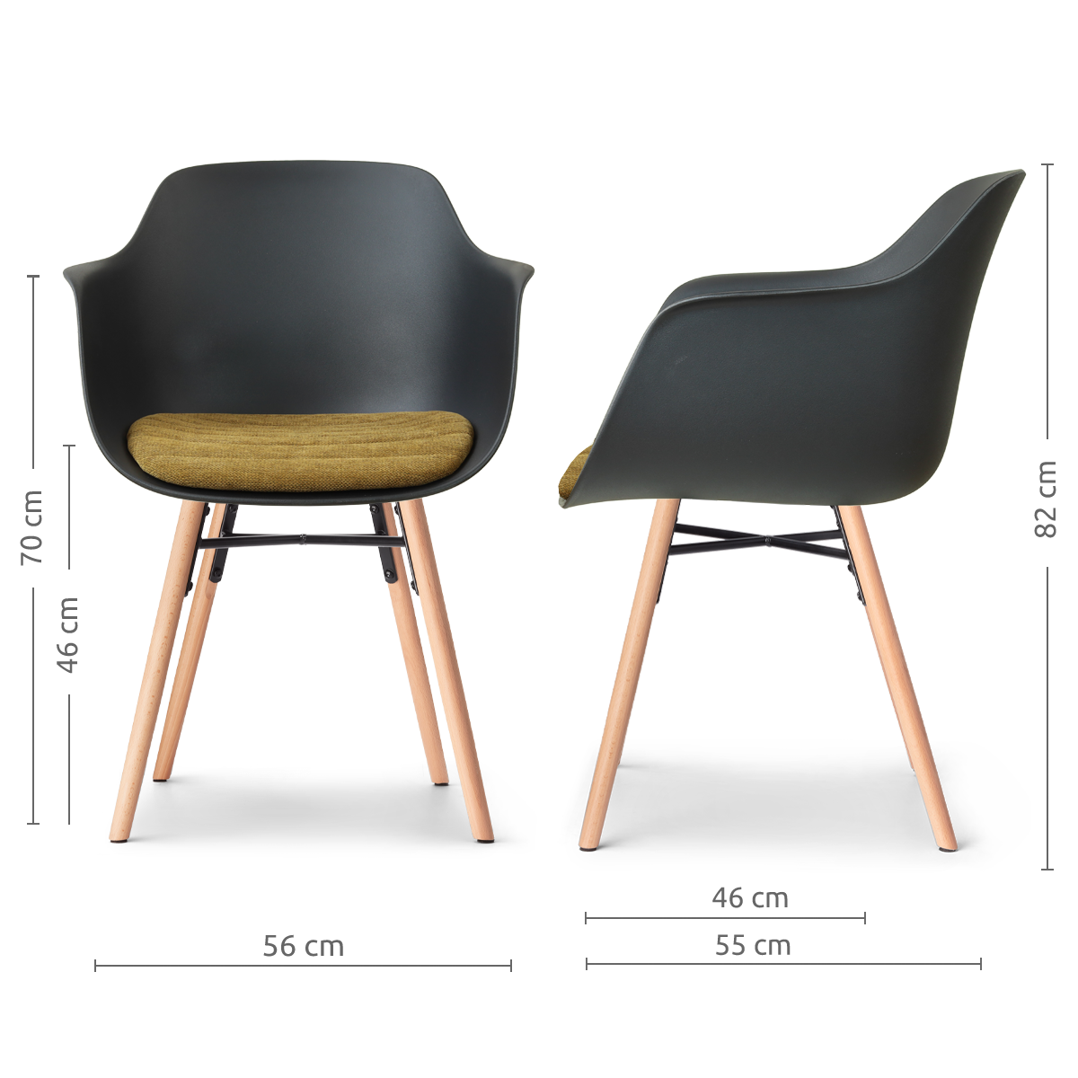 afmetingen van de Nena-Liz eetkamerstoel zwart met mosgroen zitkussen - houten onderstel
