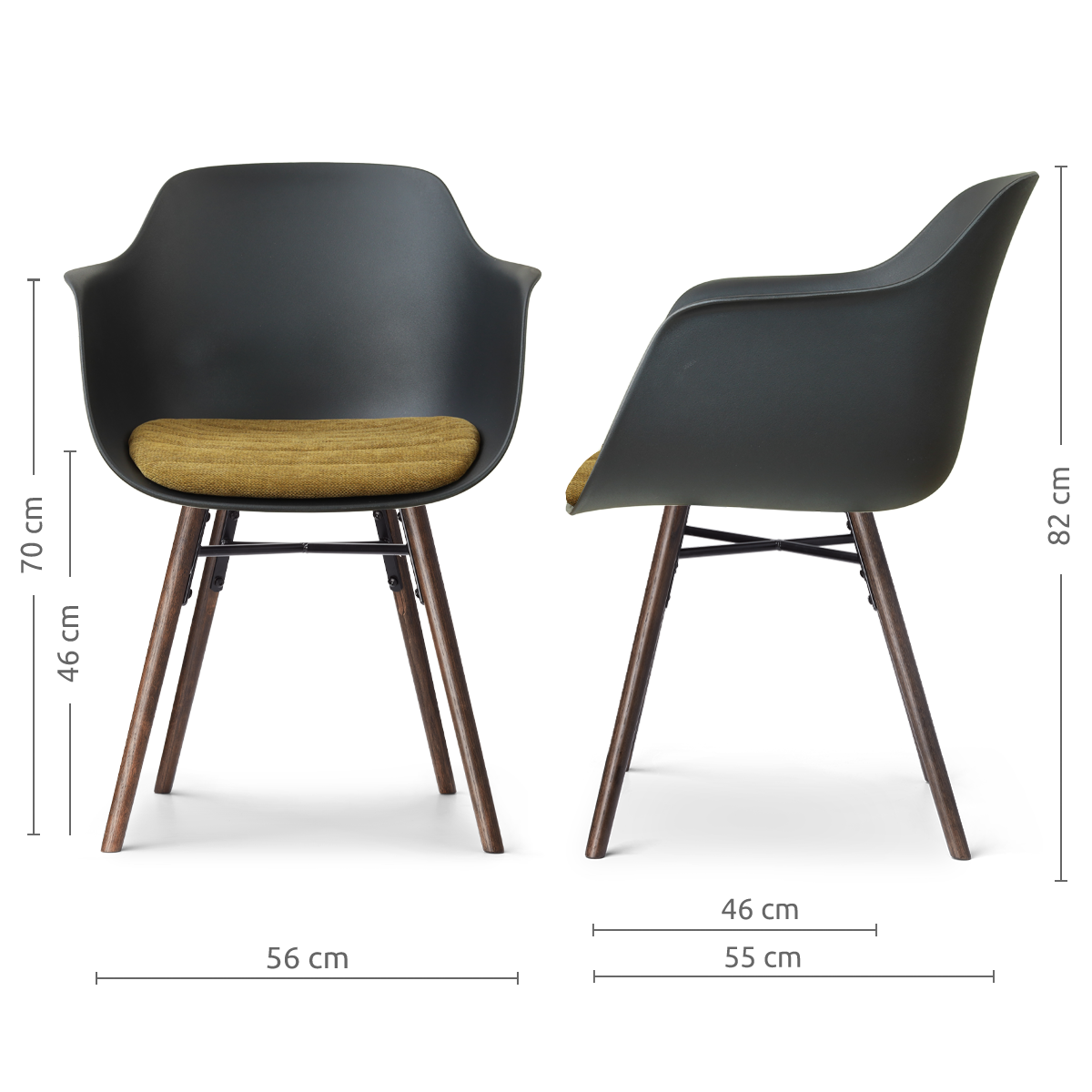 afmetingen van de Nena-Liz eetkamerstoel zwart met mosgroen zitkussen - walnoot houten onderstel