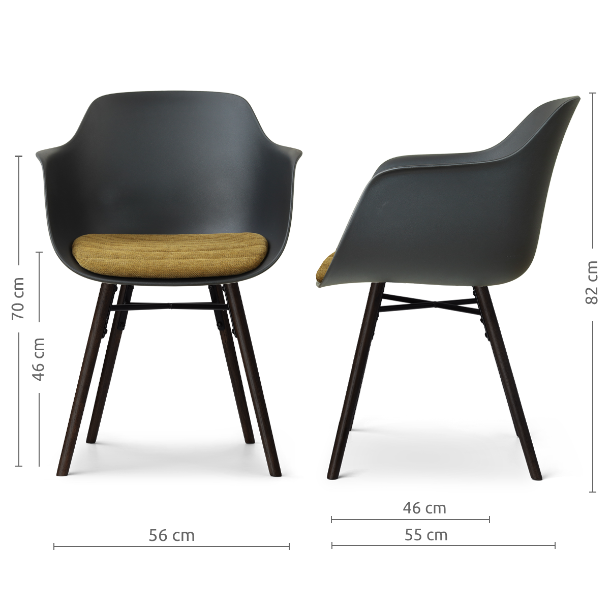 afmetingen van de Nena-Liz eetkamerstoel zwart met mosgroen zitkussen - zwart houten onderstel