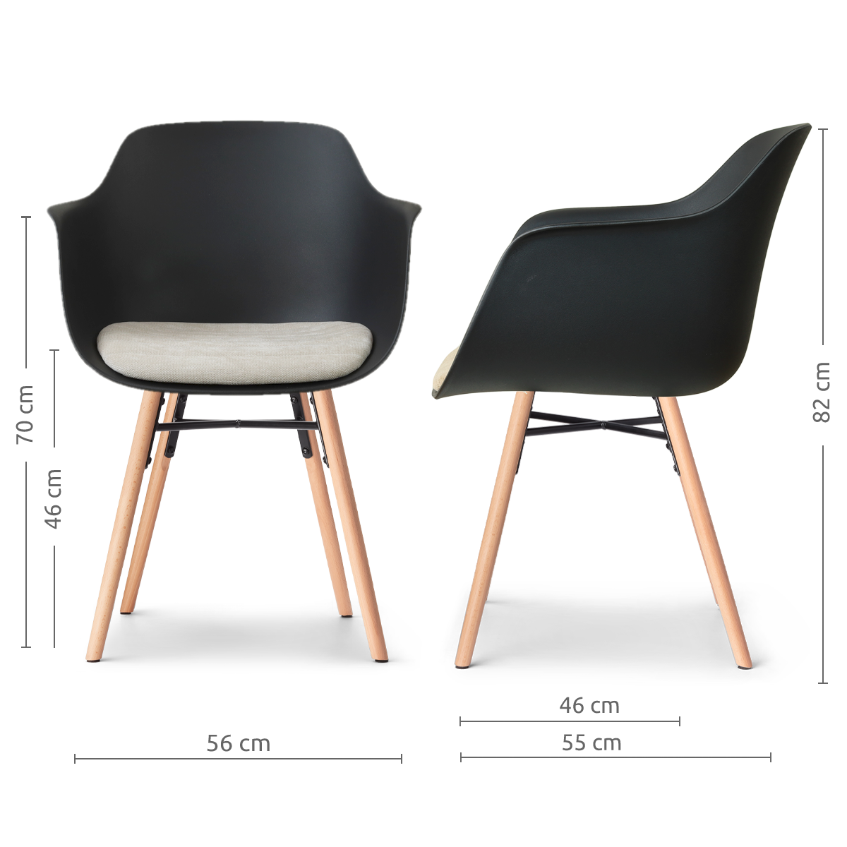 afmetingen van de Nena-Liz eetkamerstoel zwart met naturelbeige zitkussen - houten onderstel