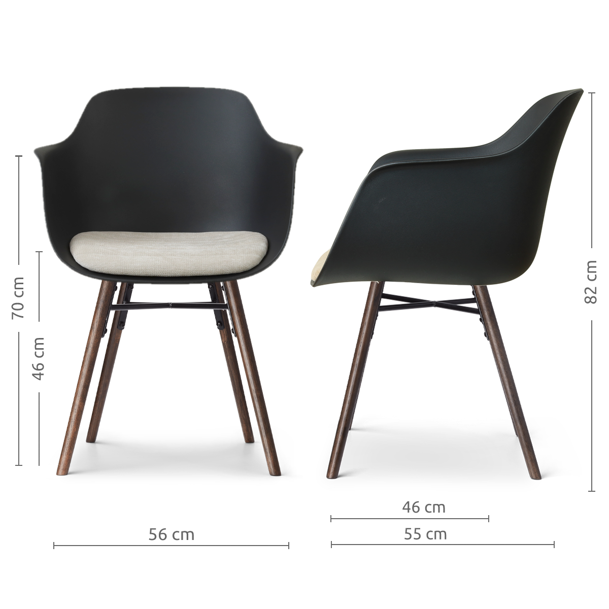 afmetingen van de Nena-Liz eetkamerstoel zwart met naturelbeige zitkussen - walnoot houten onderstel