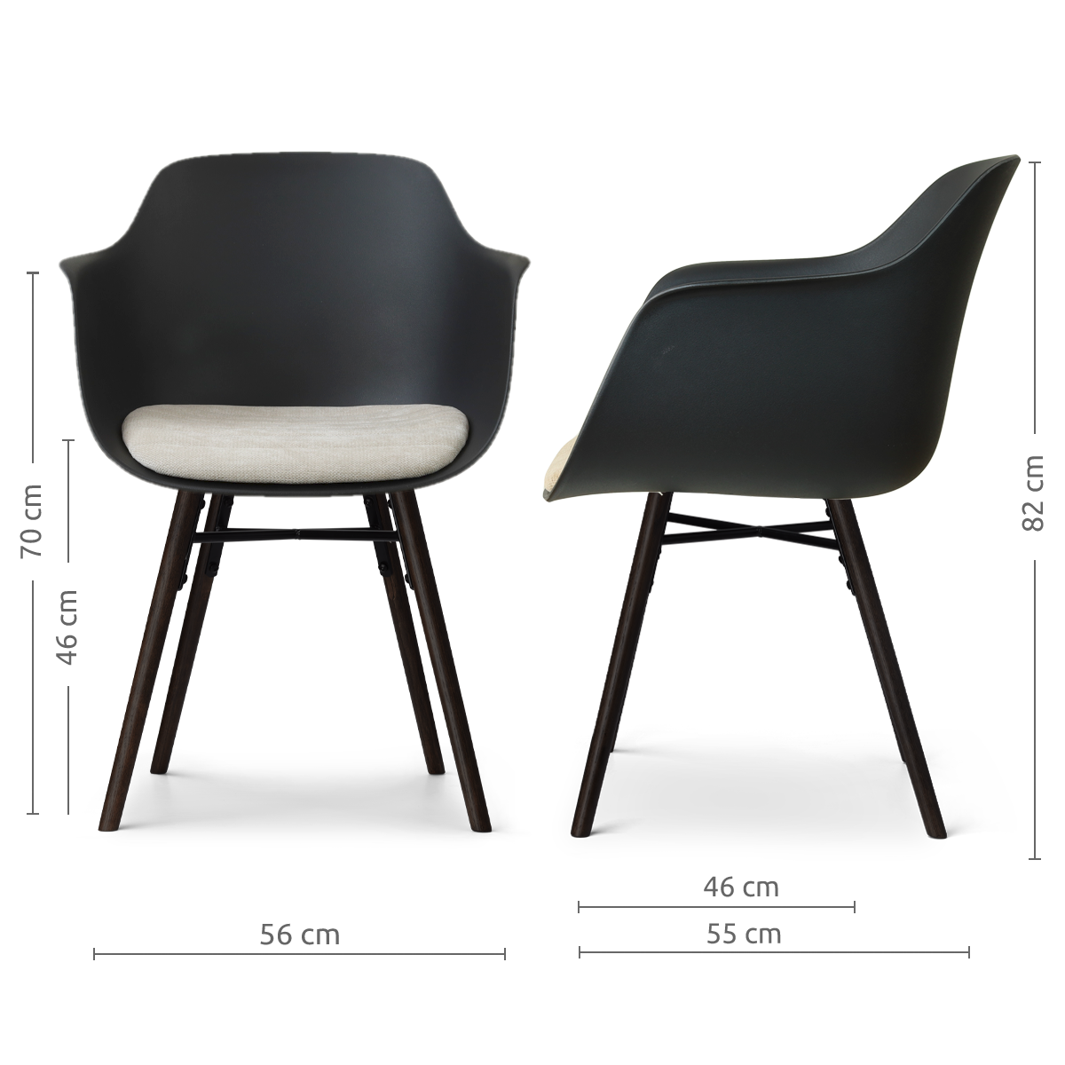afmetingen van de Nena-Liz eetkamerstoel zwart met naturelbeige zitkussen - zwart houten onderstel