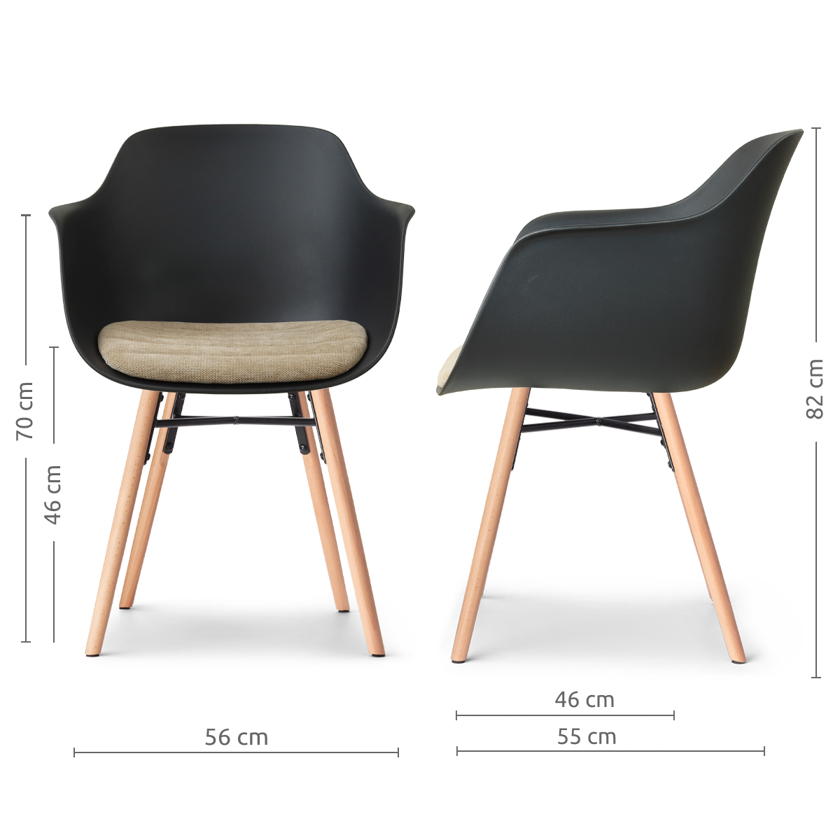 afmetingen van de Nena-Liz eetkamerstoel zwart met nougatbruin zitkussen - houten onderstel