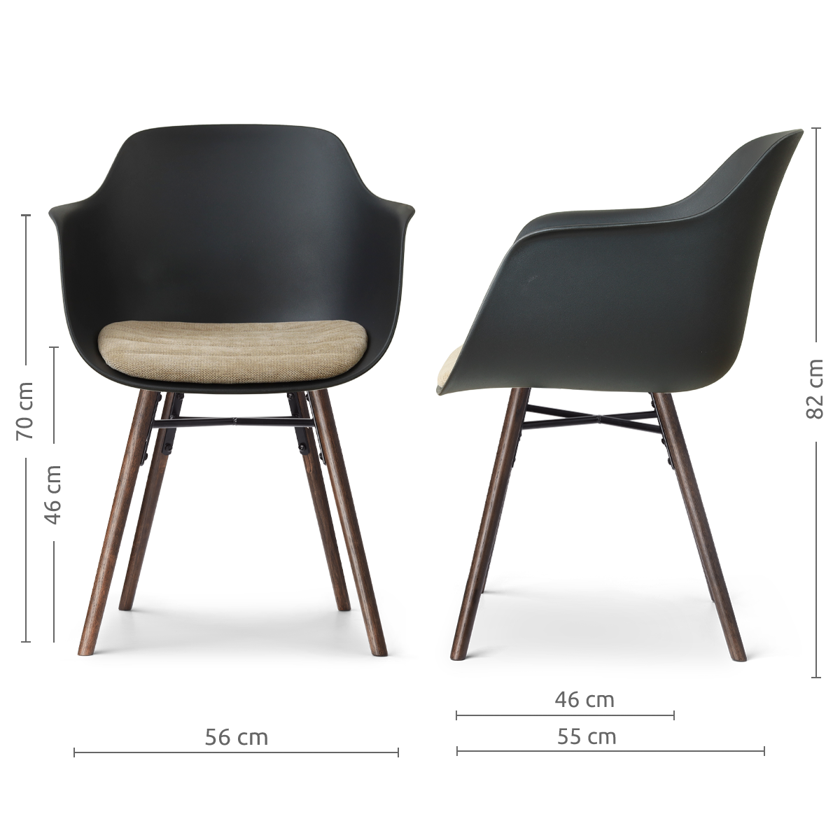 afmetingen van de Nena-Liz eetkamerstoel zwart met nougatbruin zitkussen - walnoot houten onderstel