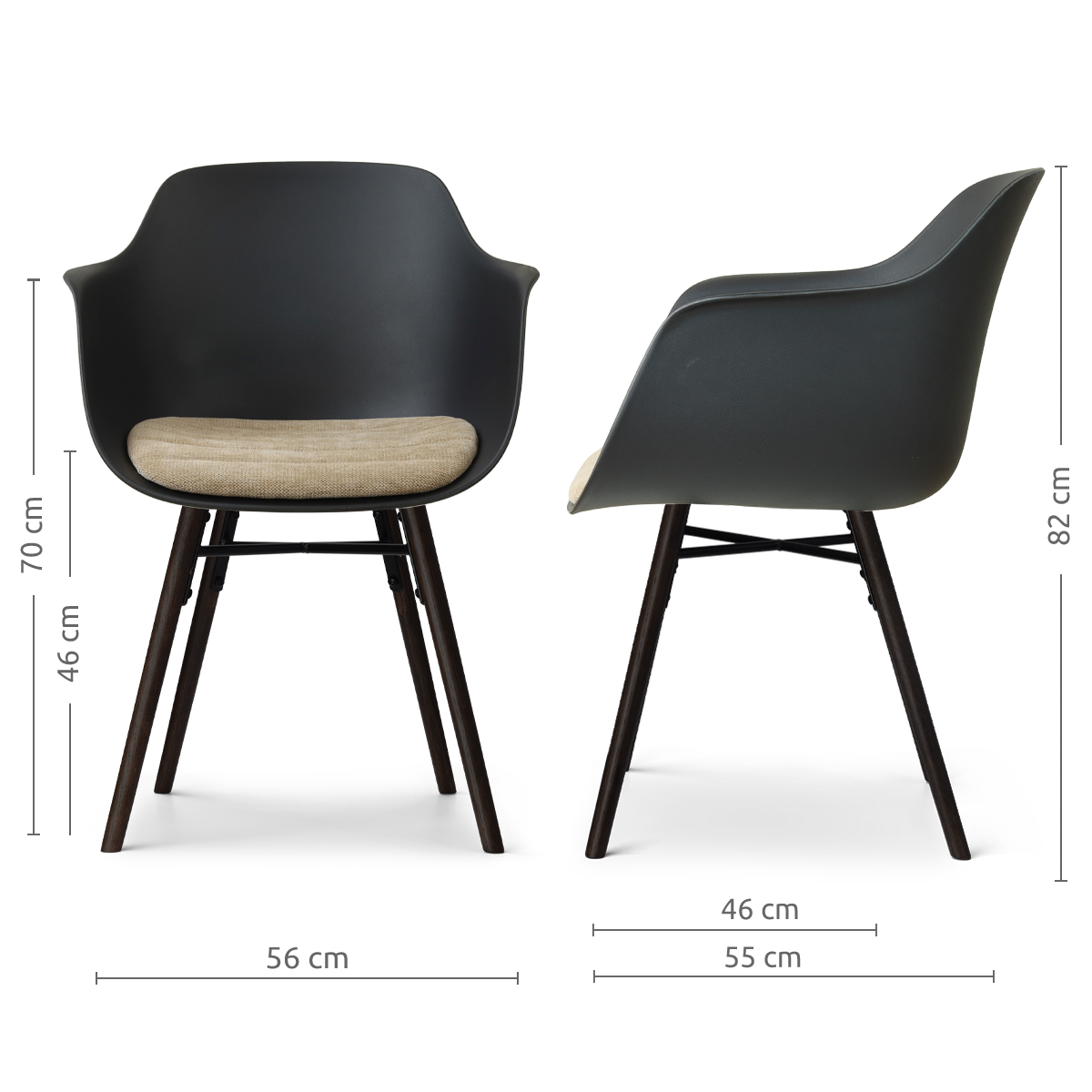afmetingen van de Nena-Liz eetkamerstoel zwart met nougatbruin zitkussen - zwart houten onderstel