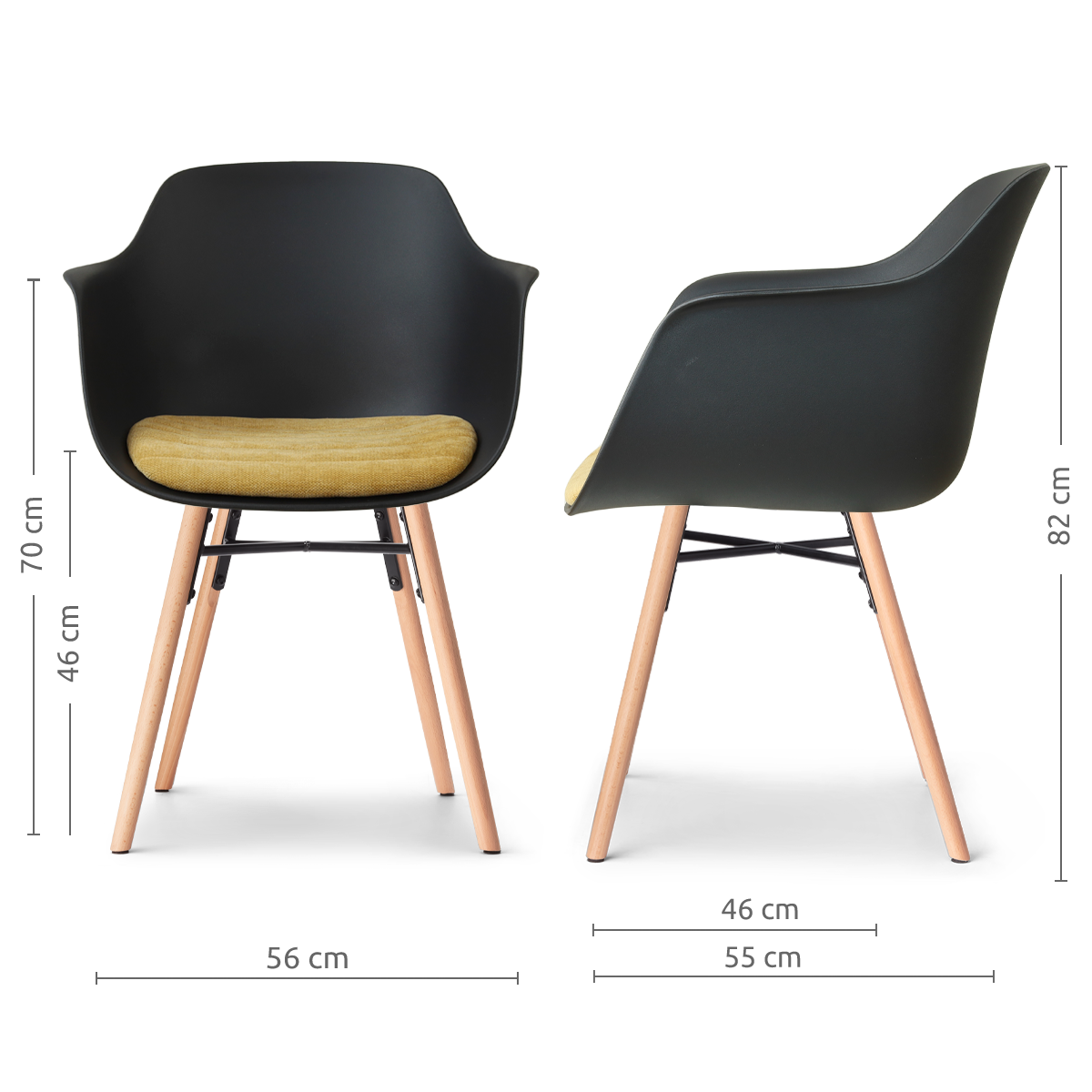 maatvoering van de Nena-Liz eetkamerstoel zwart met warm oker zitkussen - houten onderstel