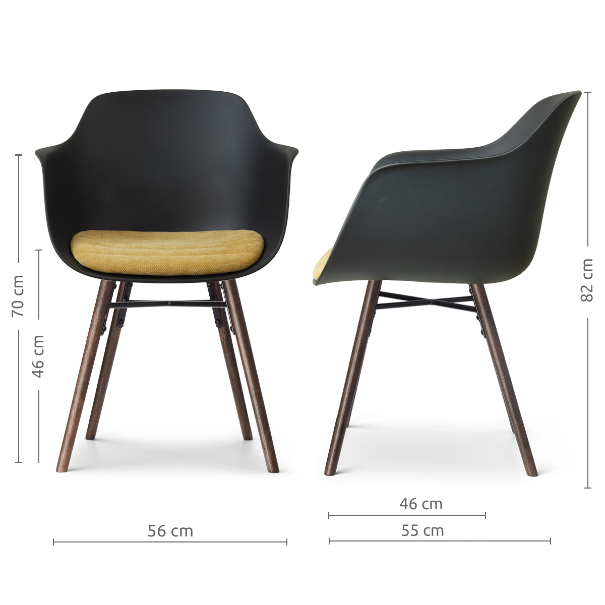 maatvoering van de Nena-Liz eetkamerstoel zwart met warm oker zitkussen - walnoot houten onderstel