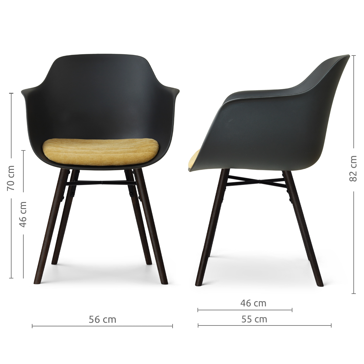 maatvoering van de Nena-Liz eetkamerstoel zwart met warm oker zitkussen - zwart houten onderstel