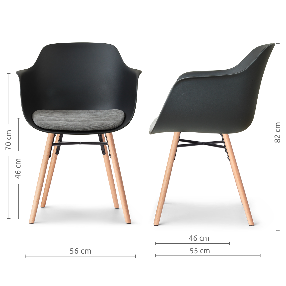 afmetingen van de Nena-Liz eetkamerstoel zwart met zeegrijs zitkussen - houten onderstel