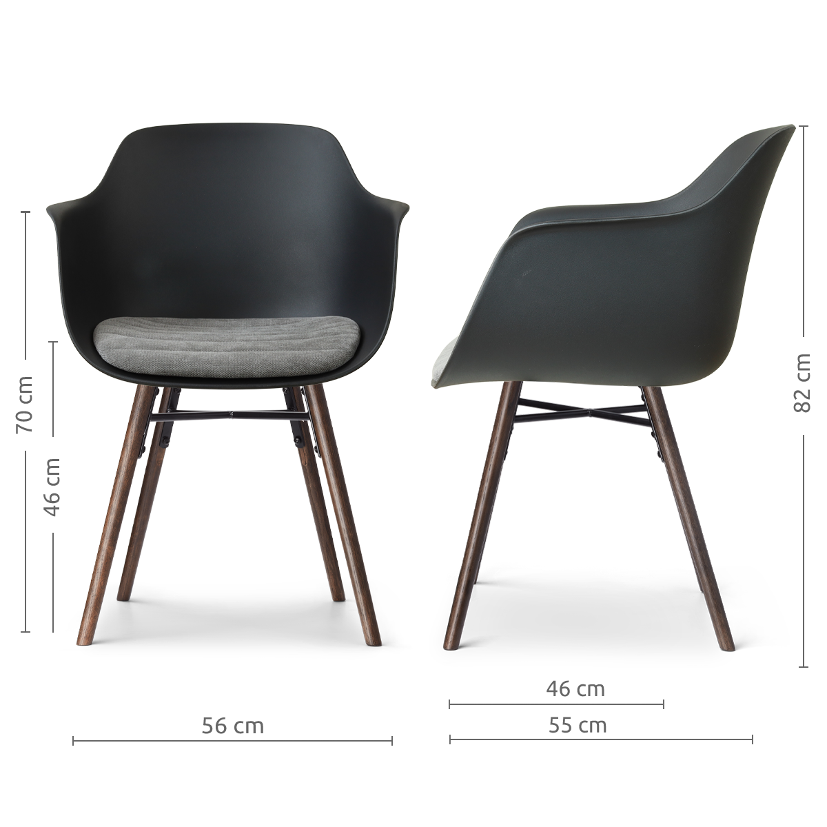 afmetingen van de Nena-Liz eetkamerstoel zwart met zeegrijs zitkussen - walnoot houten onderstel