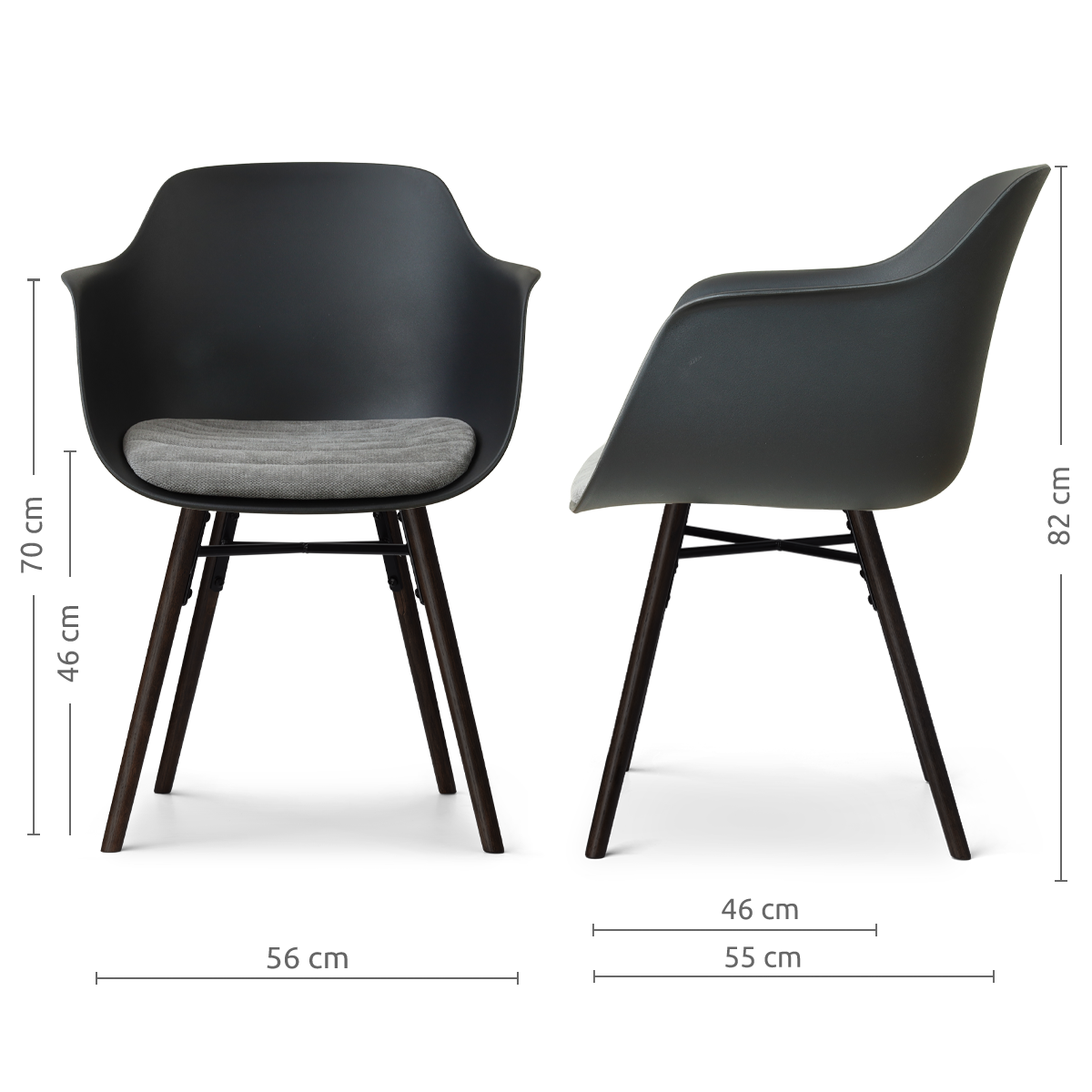 afmetingen van de Nena-Liz eetkamerstoel zwart met zeegrijs zitkussen - zwart houten onderstel