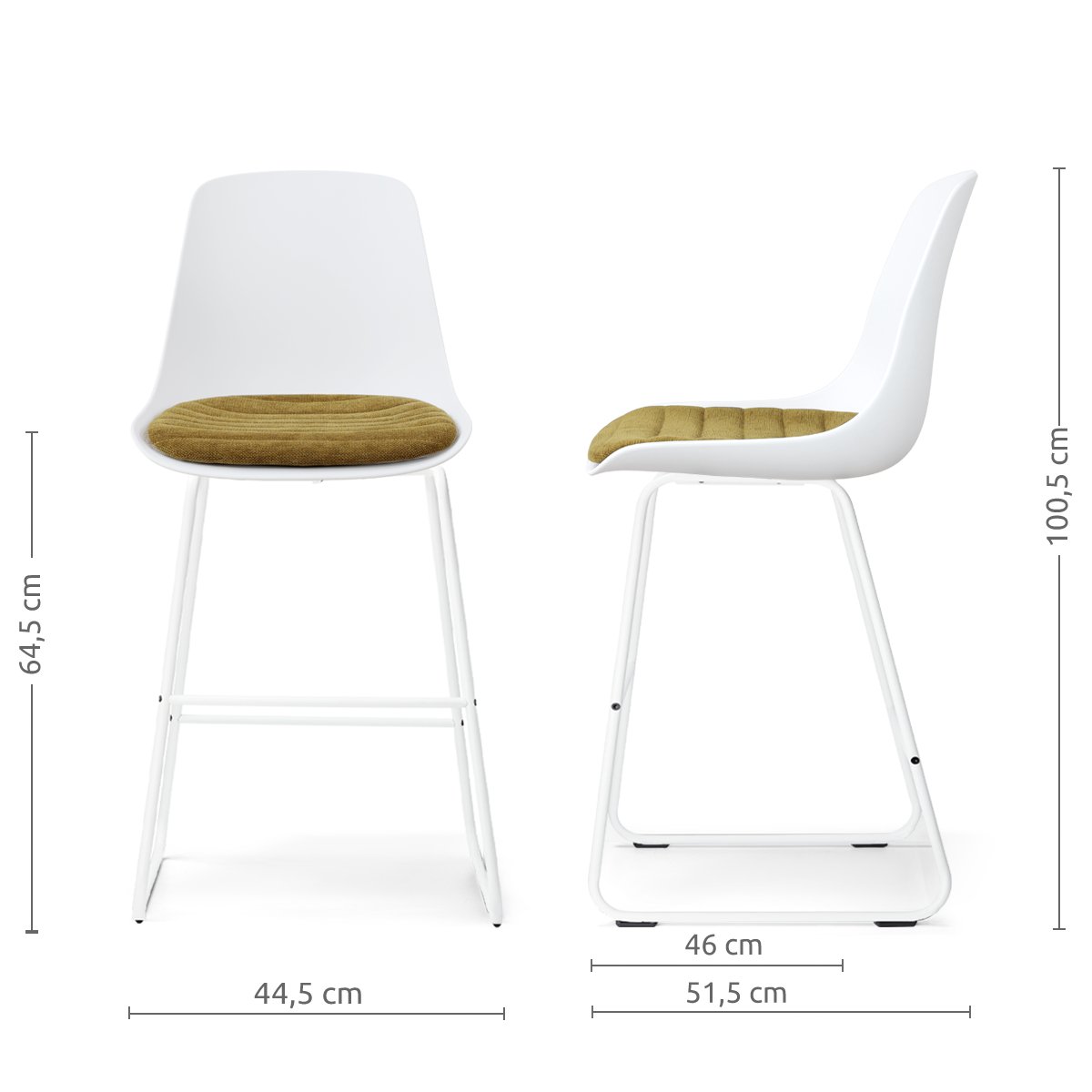 afmetingen van de Nino-Liv barkruk wit met mosgroen zitkussen - wit onderstel - 65 cm
