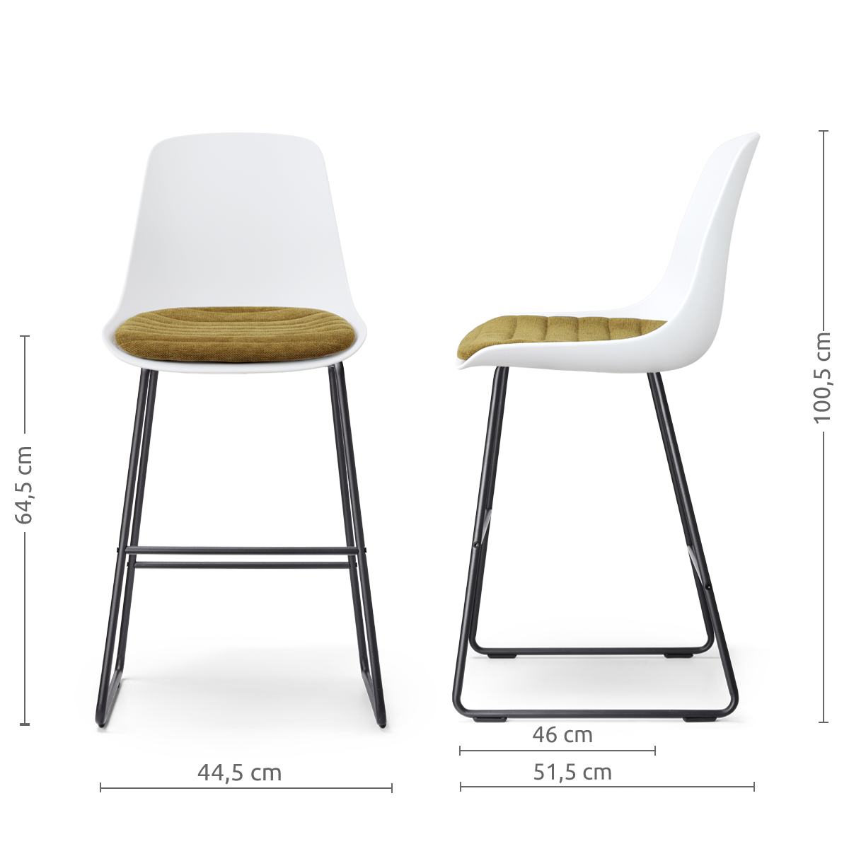 afmetingen van de Nino-Liv barkruk wit met mosgroen zitkussen - zwart onderstel - 65 cm