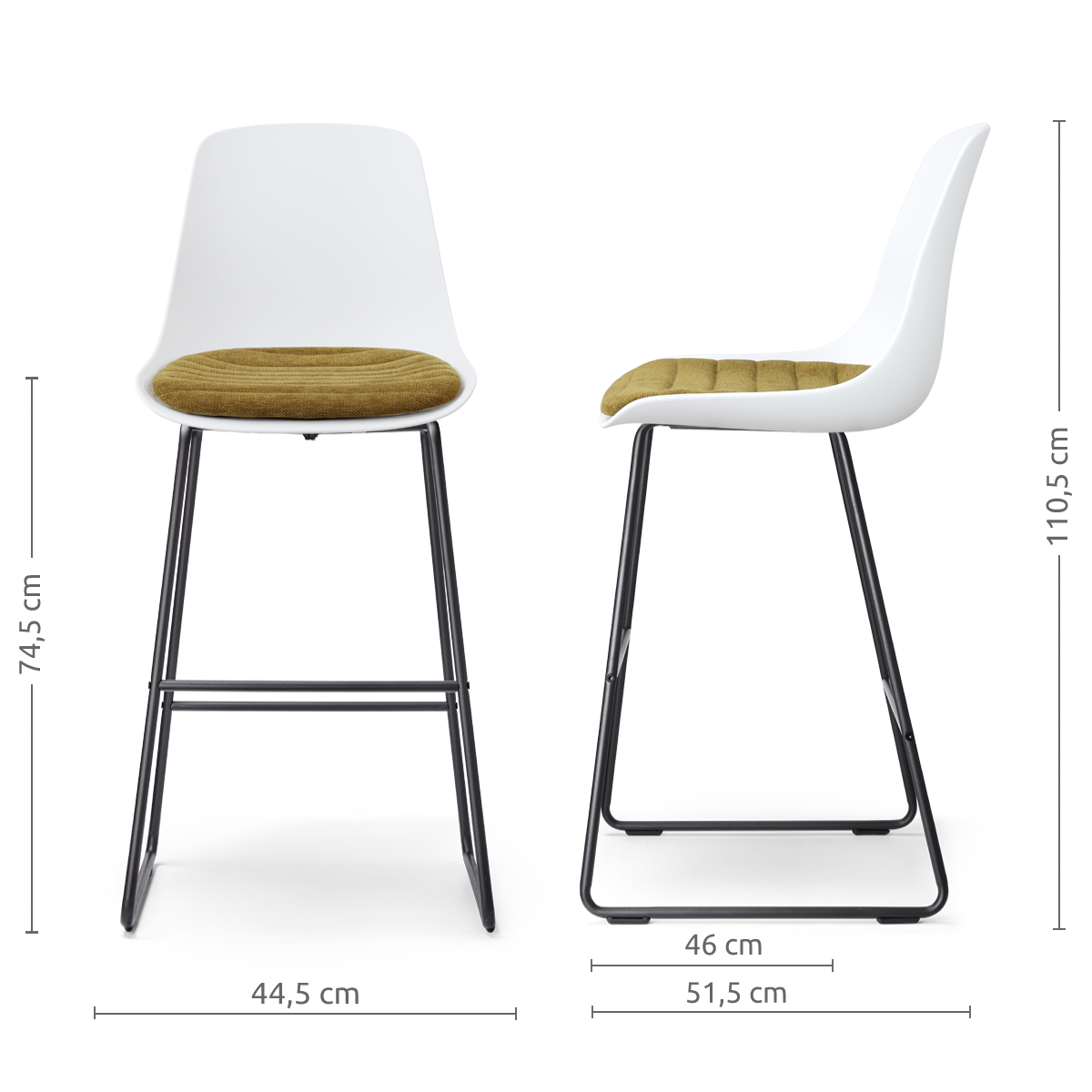 afmetingen van de Nino-Liv barkruk wit met mosgroen zitkussen - zwart onderstel - 75 cm