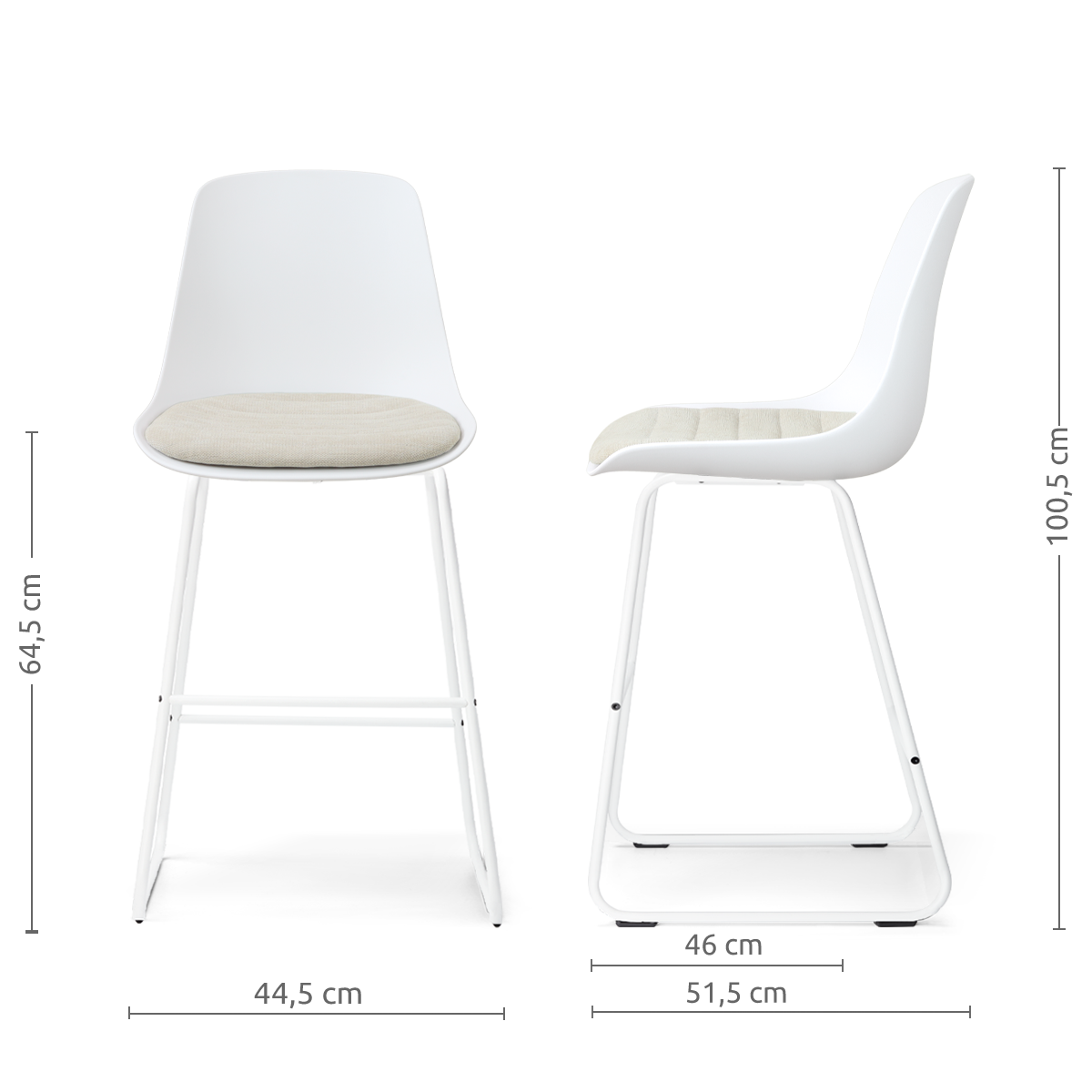 afmetingen van de Nino-Liv barkruk wit met naturelbeige zitkussen - wit onderstel - 65 cm