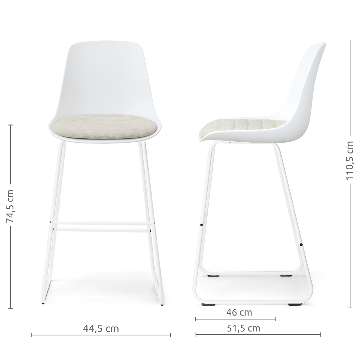 afmetingen van de Nino-Liv barkruk wit met naturelbeige zitkussen - wit onderstel - 75 cm