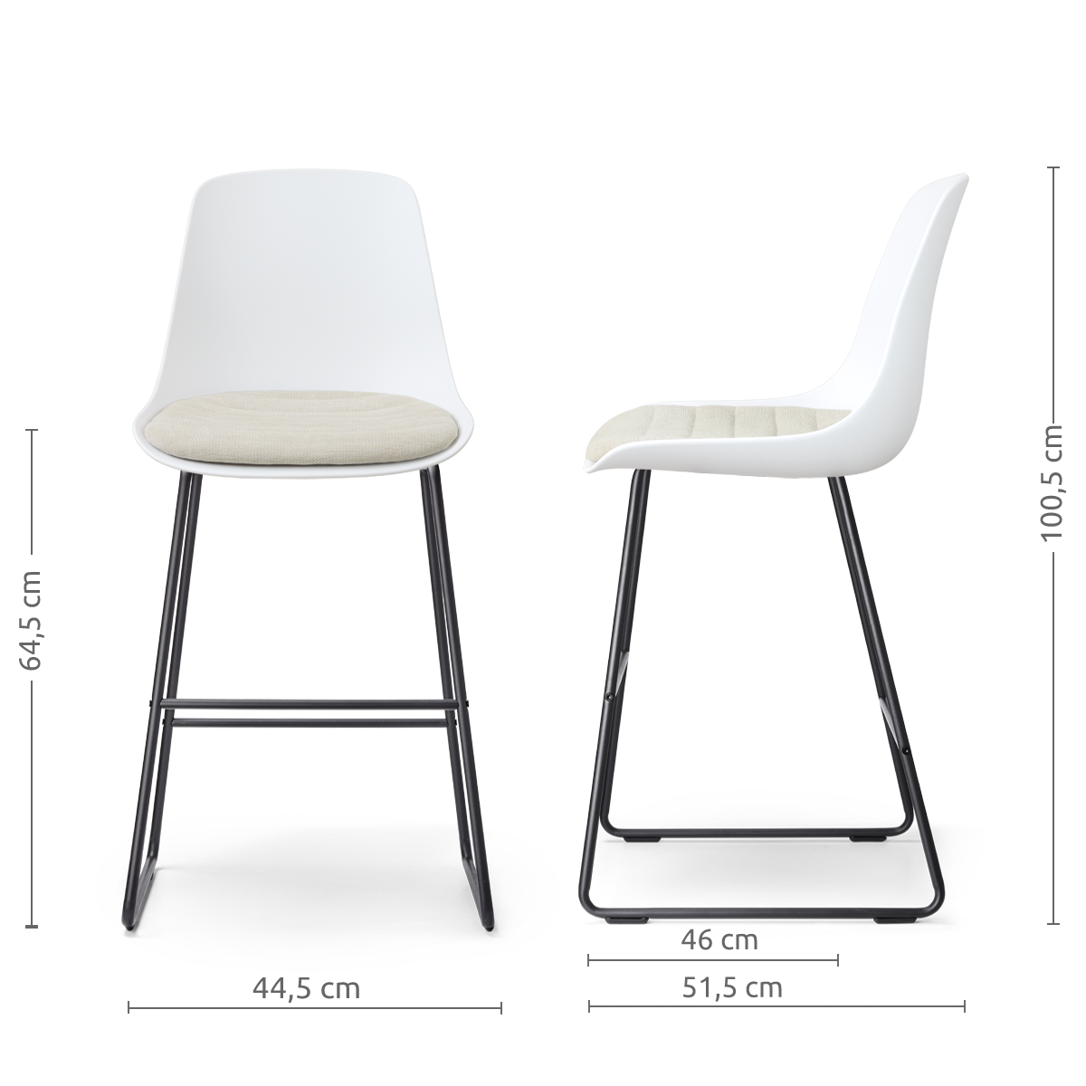 afmetingen van de Nino-Liv barkruk wit met naturelbeige zitkussen - zwart onderstel - 65 cm