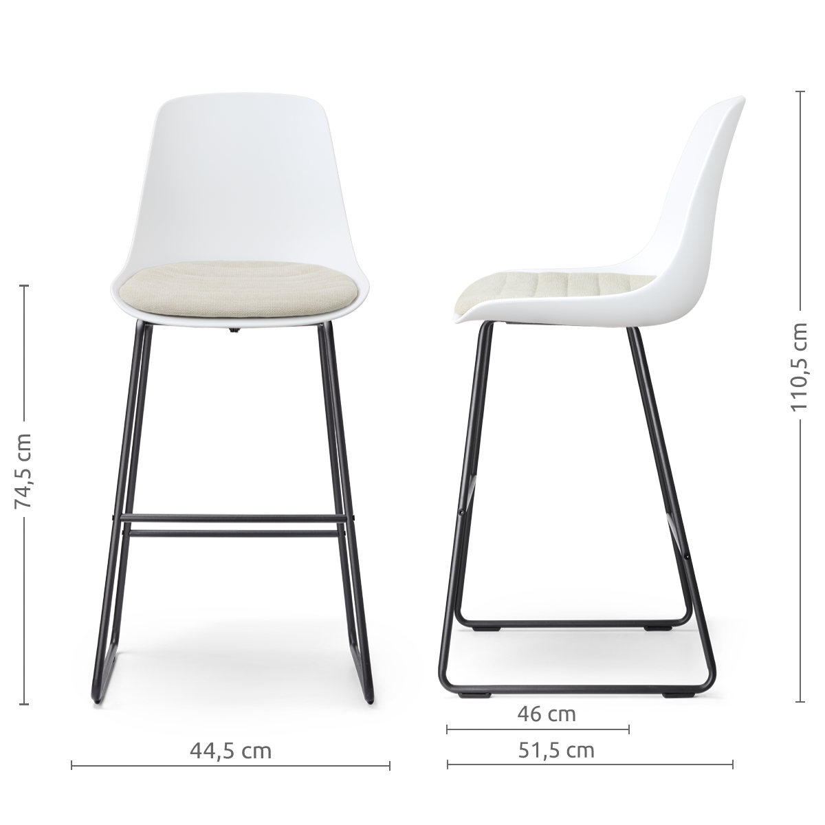 afmetingen van de Nino-Liv barkruk wit met naturelbeige zitkussen - zwart onderstel - 75 cm