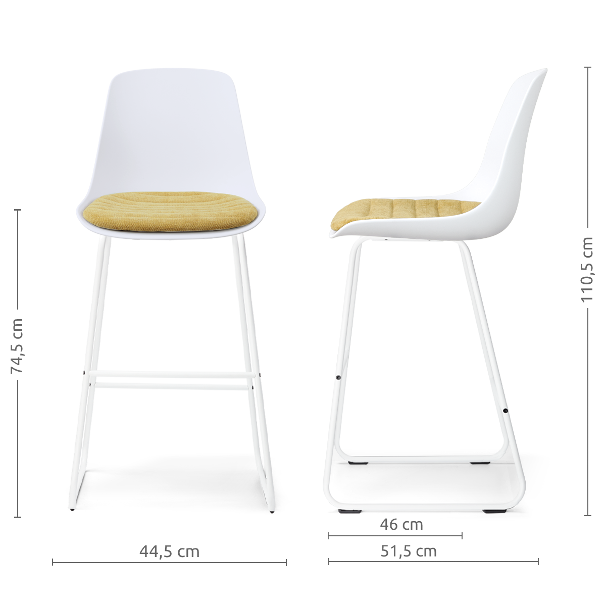 maatvoering van de Nino-Liv barkruk wit met warm oker zitkussen - wit onderstel - 75 cm