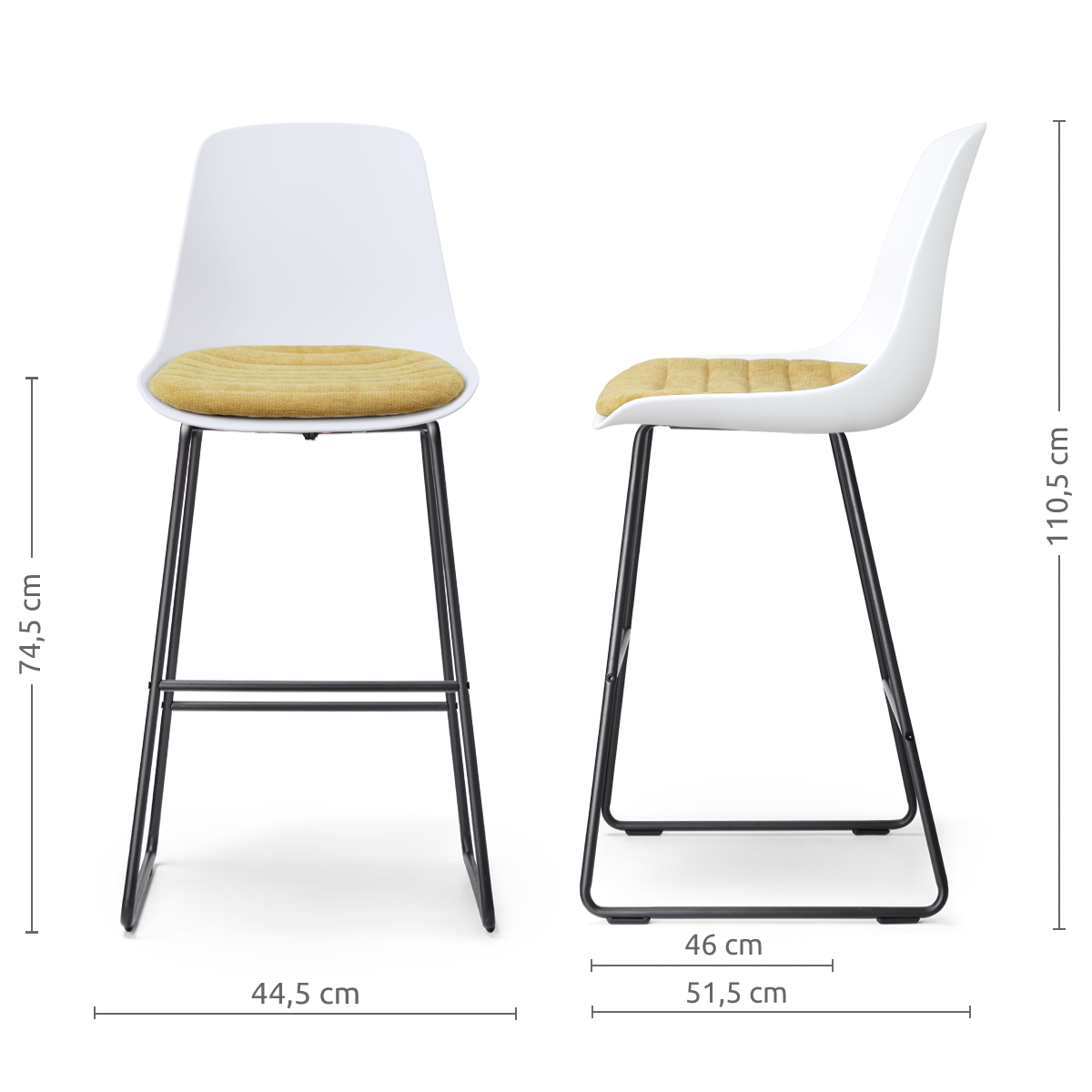 maatvoering van de Nino-Liv barkruk wit met warm oker zitkussen - zwart onderstel - 75 cm